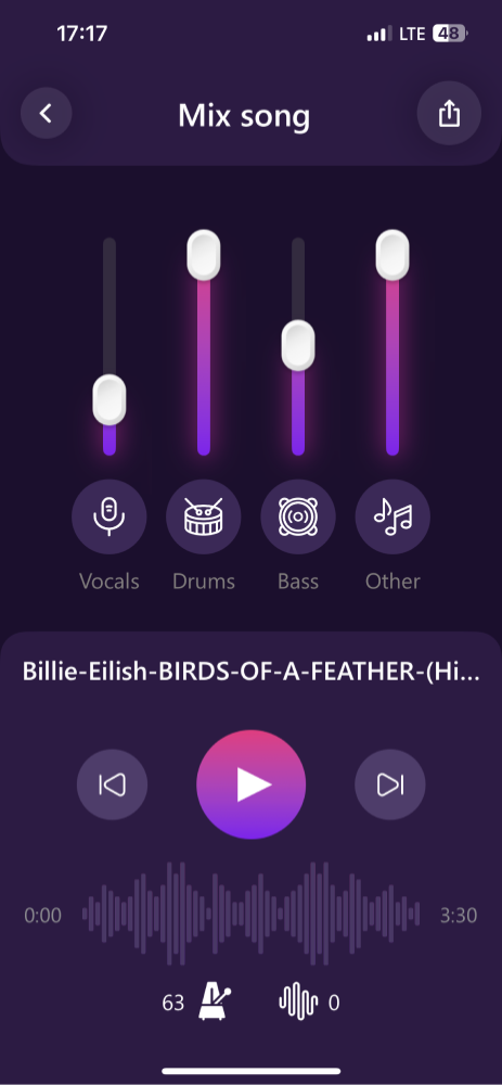 App screen showing individual vocal, drum, bass and instrument faders