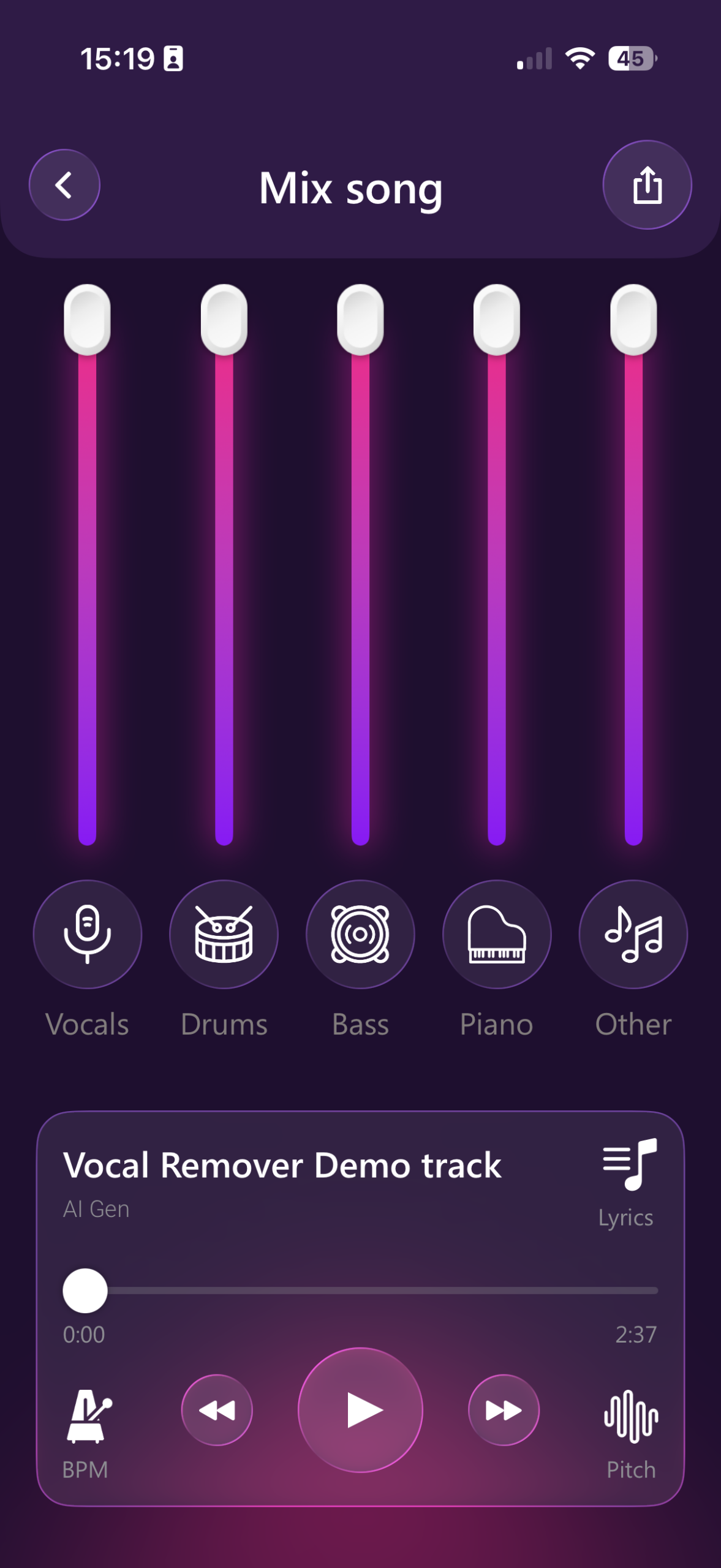 Screenshot of the Vocal Remover AI Music iOS mobile app